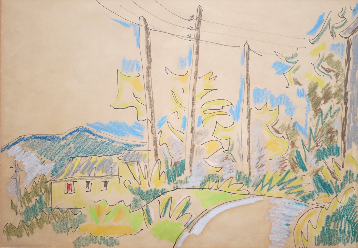 Monogrammist H.W. 20th century Landscape with trees, telegraph poles and a cottage, mongrammed lower right, mixed media on paper, 32 x 45cm